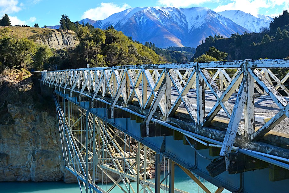Historic Rakaia Gorge Wooden Bridge crossing the Rakaia River in Mid Canterbury New Zealand