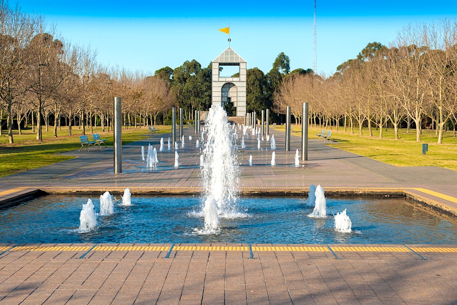 M7P4EN View of Treillage Tower and fountain in Bicentennial Park. Sydney Olympic Park. AUSTRALIA