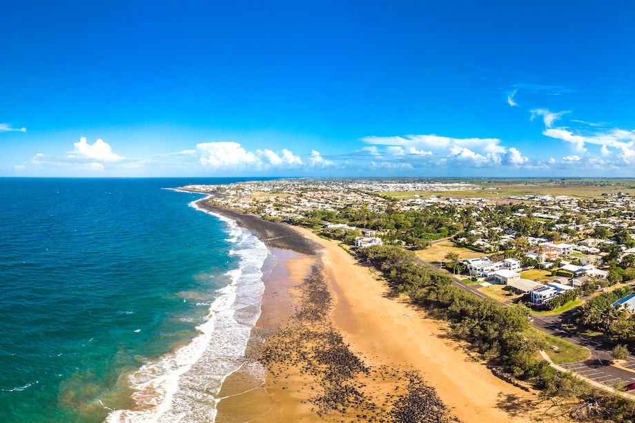Aerial drone view of Bargara beach and surrounding area, Queensland, Australia
