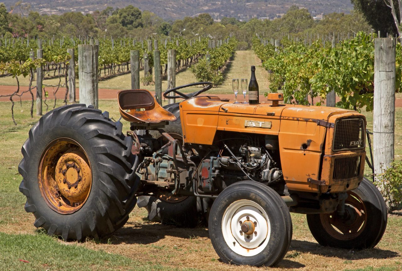 a big orange tractor with two flute glasses and a bottle of wine sitting on top of it with e a vineyard in the background