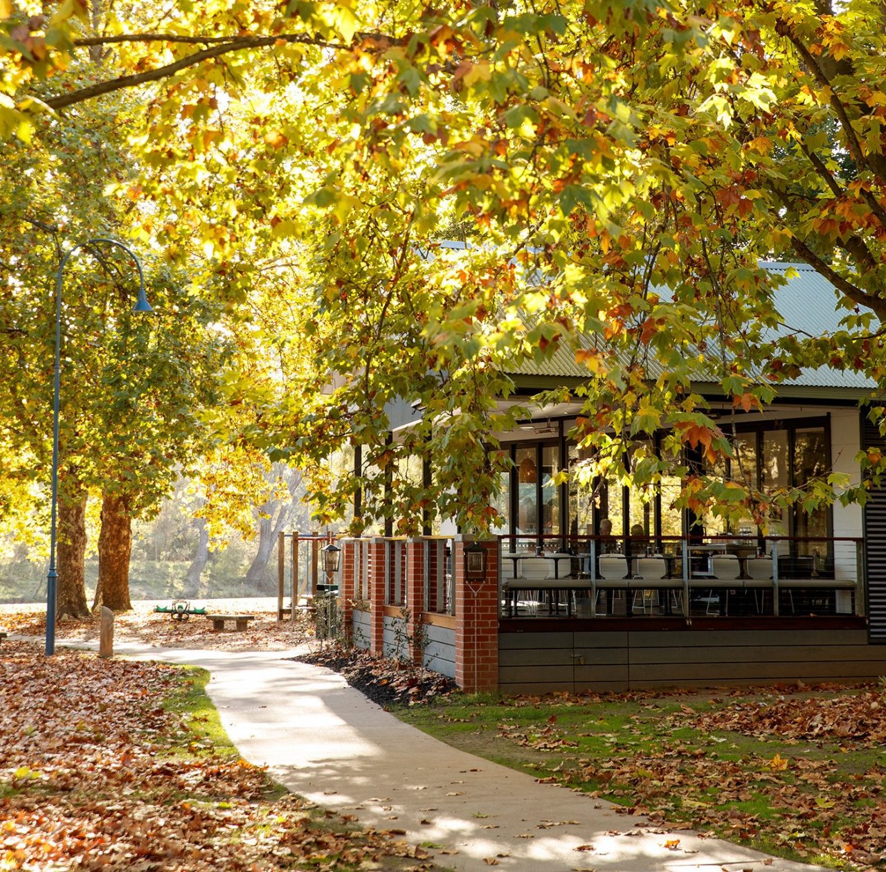 Autumn leaves in Noreuil Park Foreshore and The River Deck cafe, Albury.