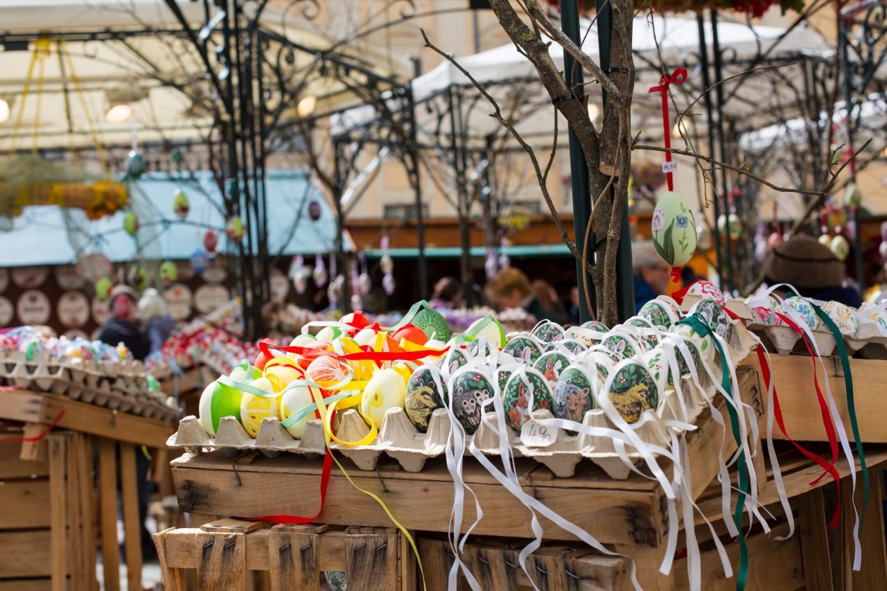 Colorful painted Easter eggs at the traditional market